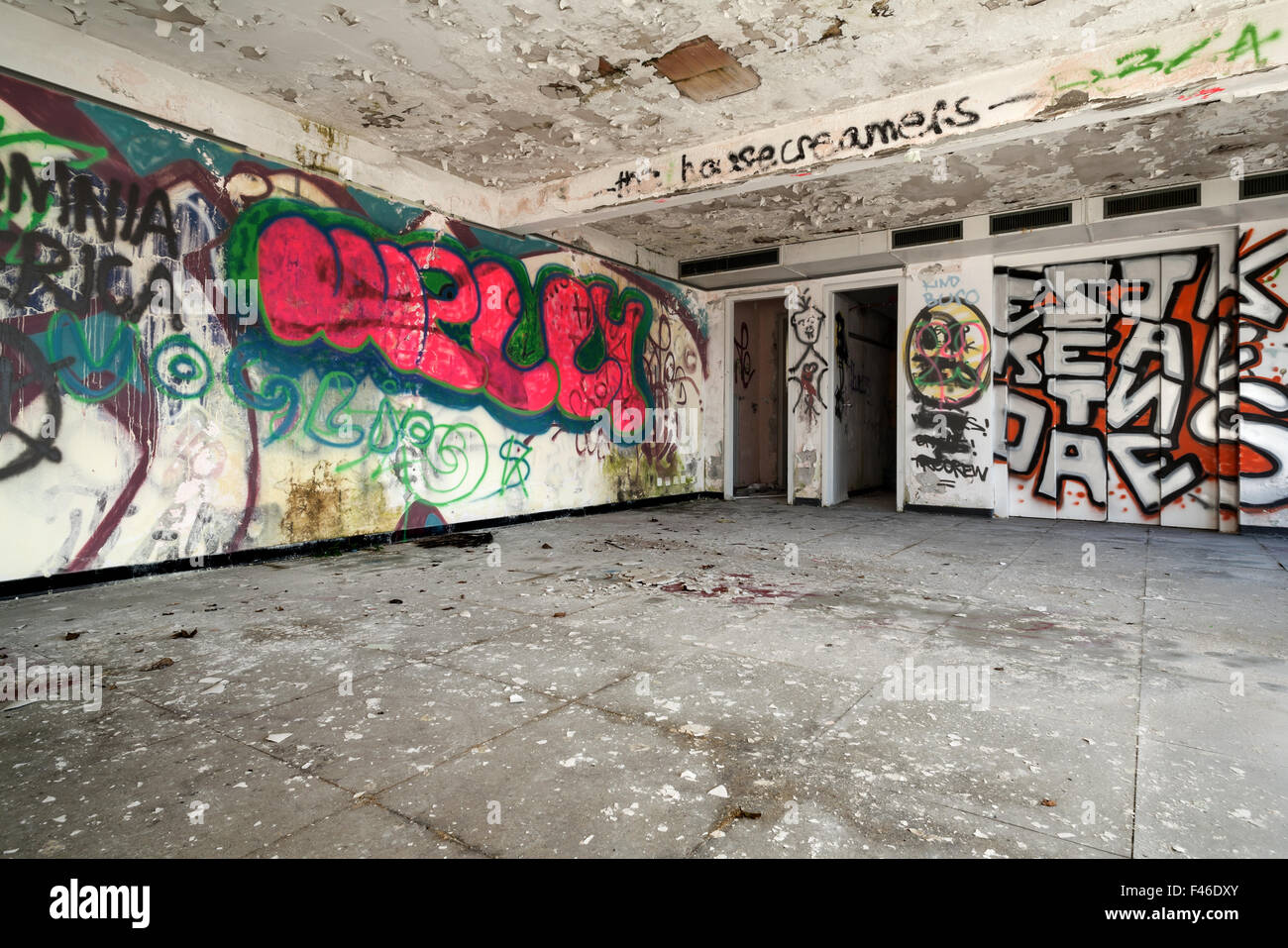 old destroyed building, large room with graffiti Stock Photo