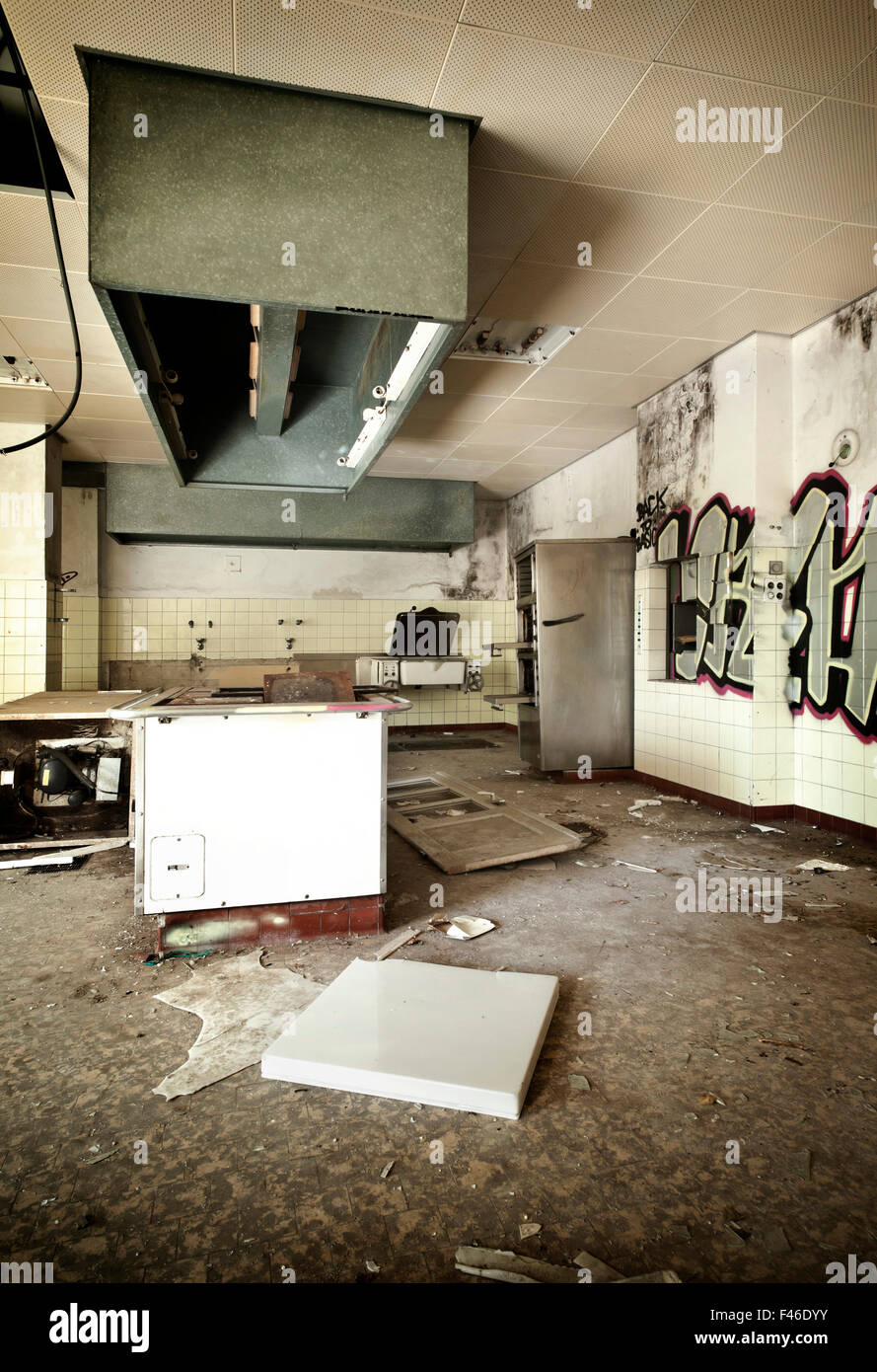old kitchen destroyed, interior abandoned house Stock Photo