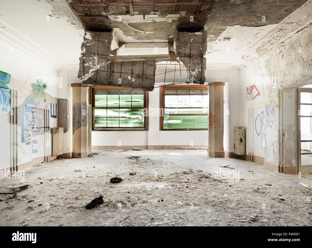old destroyed building, large room with two windows Stock Photo