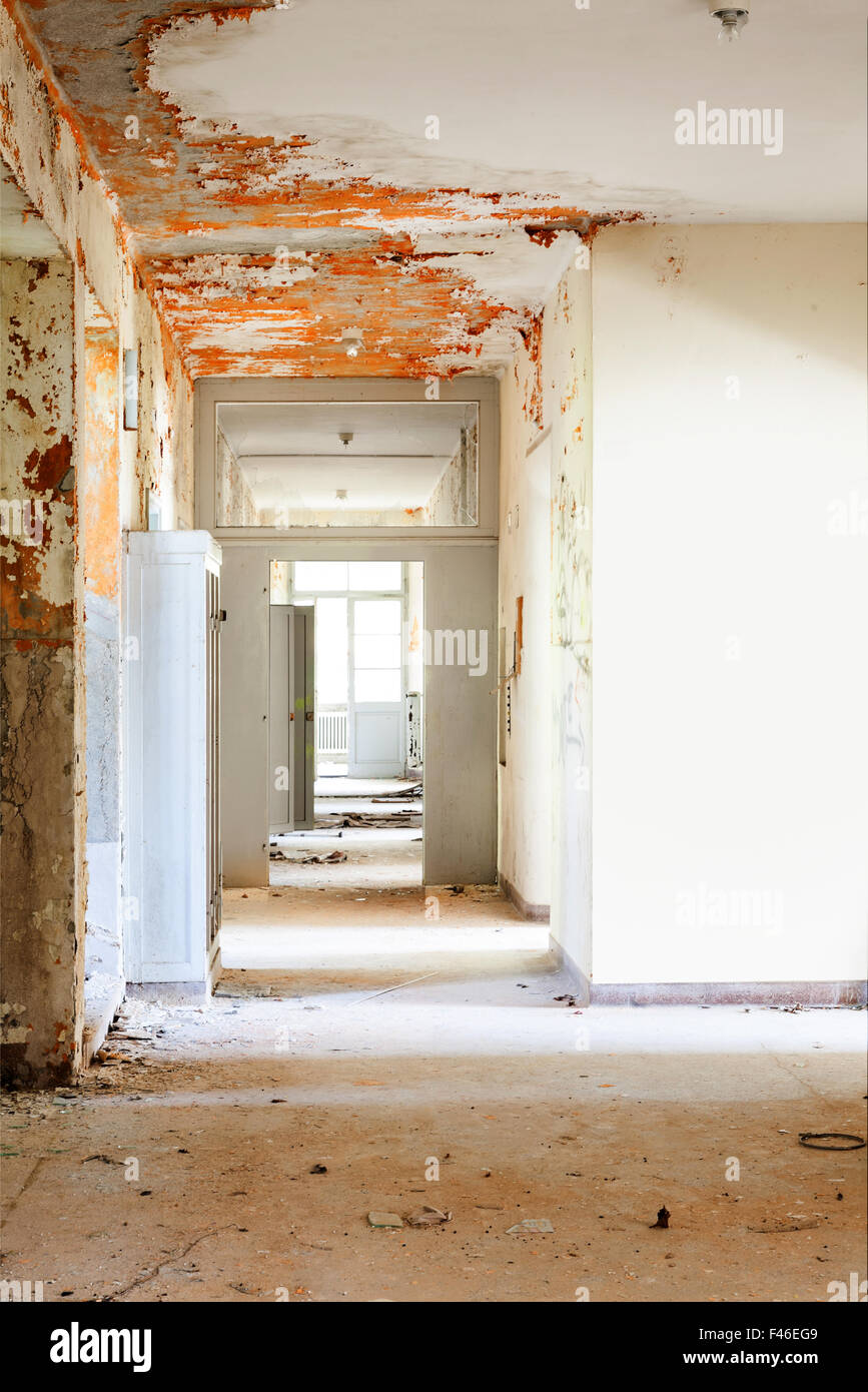 old destroyed building, room with corridor Stock Photo