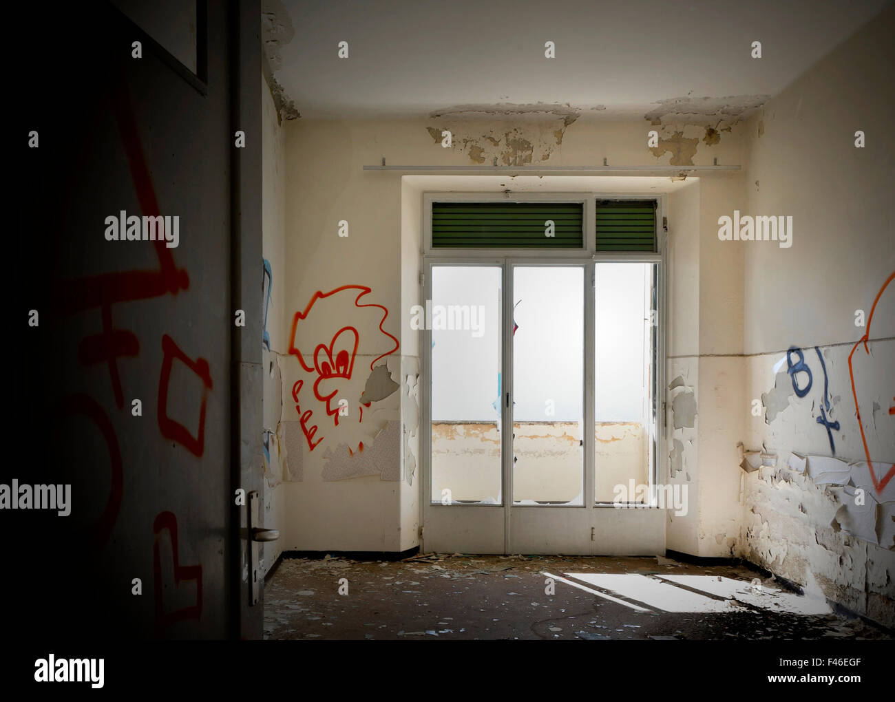 abandoned building, empty room with window Stock Photo