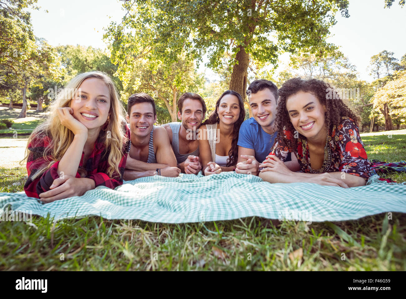 Happy friends in the park having picnic Stock Photo - Alamy