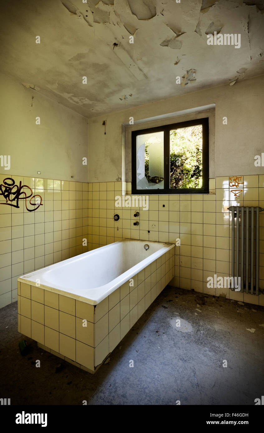 abandoned building, old bathroom Stock Photo