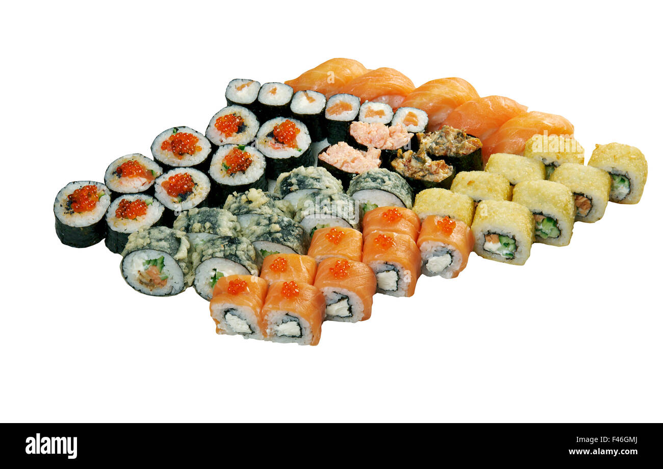 Food set of different Japanese Cuisine - Sushi Roll . Stock Photo