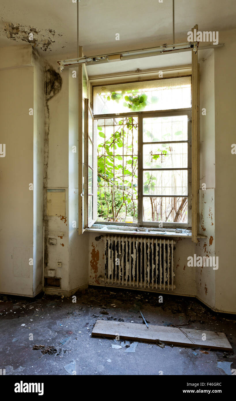 abandoned building, empty room with window Stock Photo