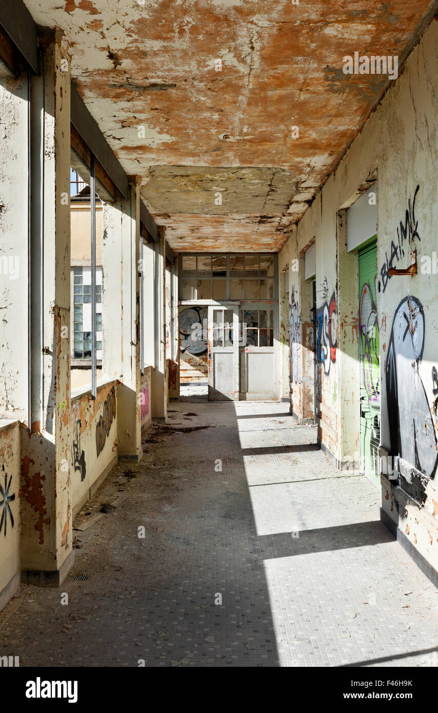 abandoned building, long corridor Stock Photo
