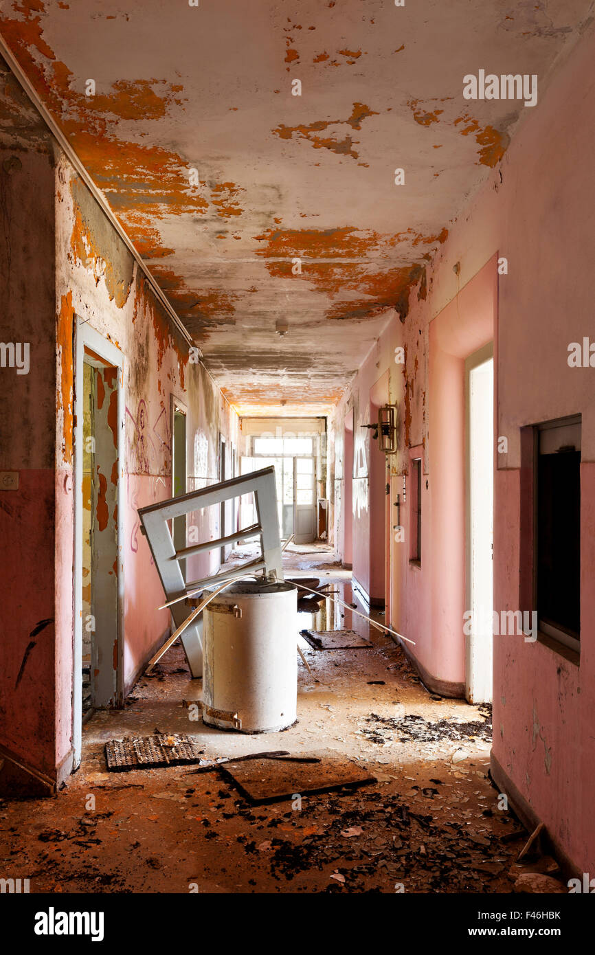 long corridor of old destroyed house, interior Stock Photo