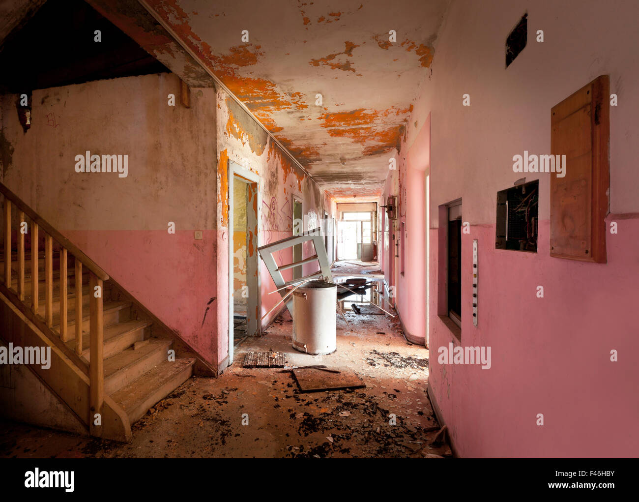 long corridor of old destroyed house, interior Stock Photo