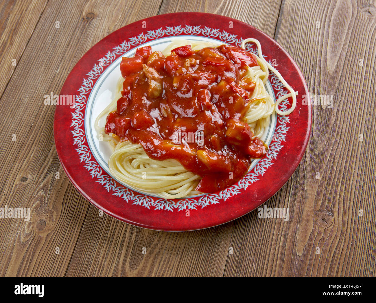 Spaghetti Amatriciana, traditional Italian pasta Stock Photo Alamy