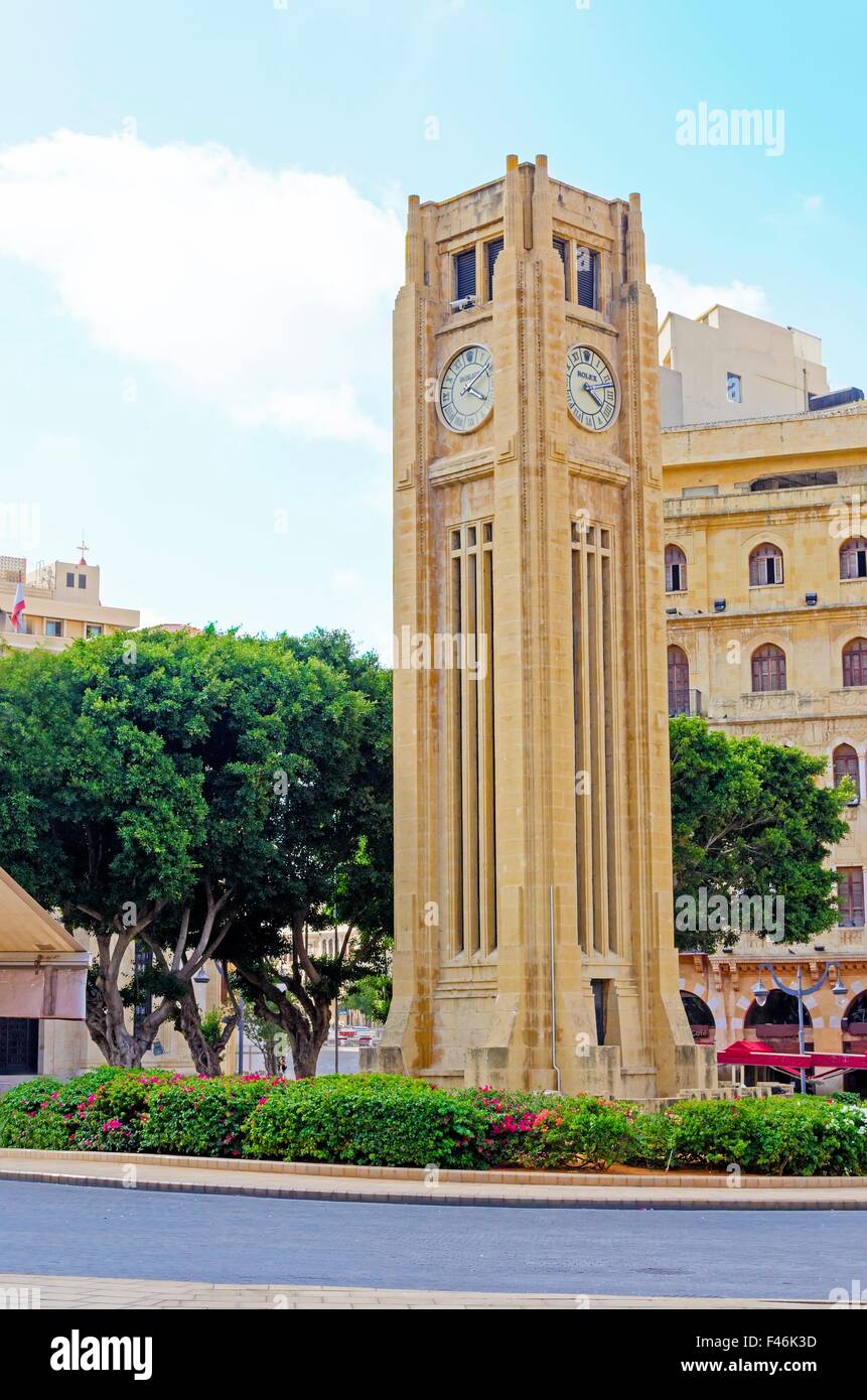 A view of the clock tower in Nejme Square in Beirut, Lebanon. A landmark of the beautiful and picturesque city centre in downtow Stock Photo