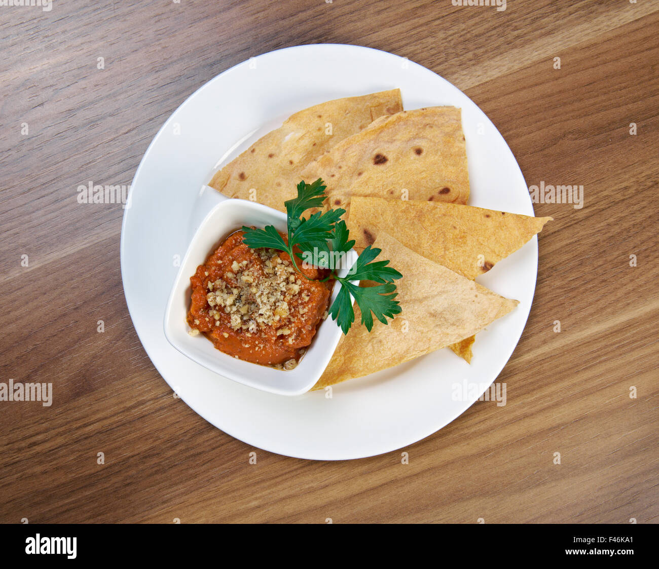 Eggplant caviar with chips. close up Stock Photo
