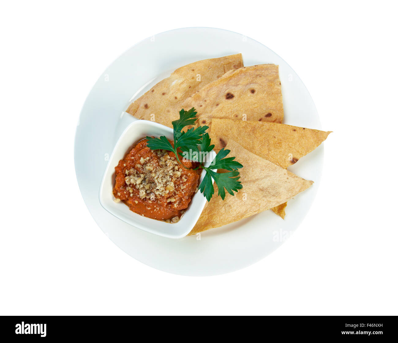 Eggplant caviar with chips. close up Stock Photo