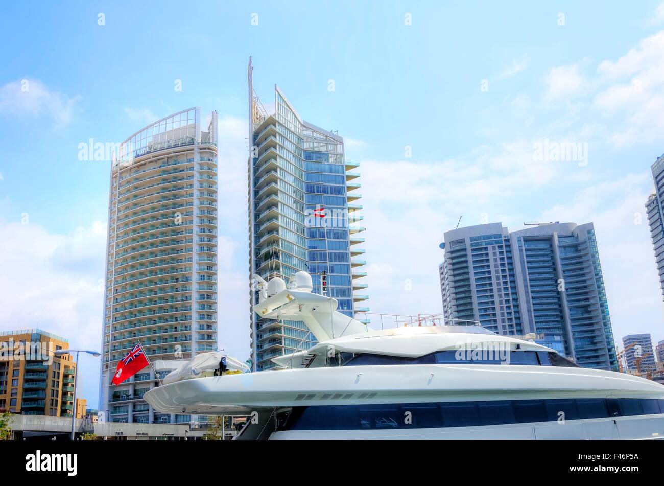 A view of a yacht and towers at the beautiful Marina in Zaitunay Bay in Beirut, Lebanon. A very modern, high end and newly devel Stock Photo