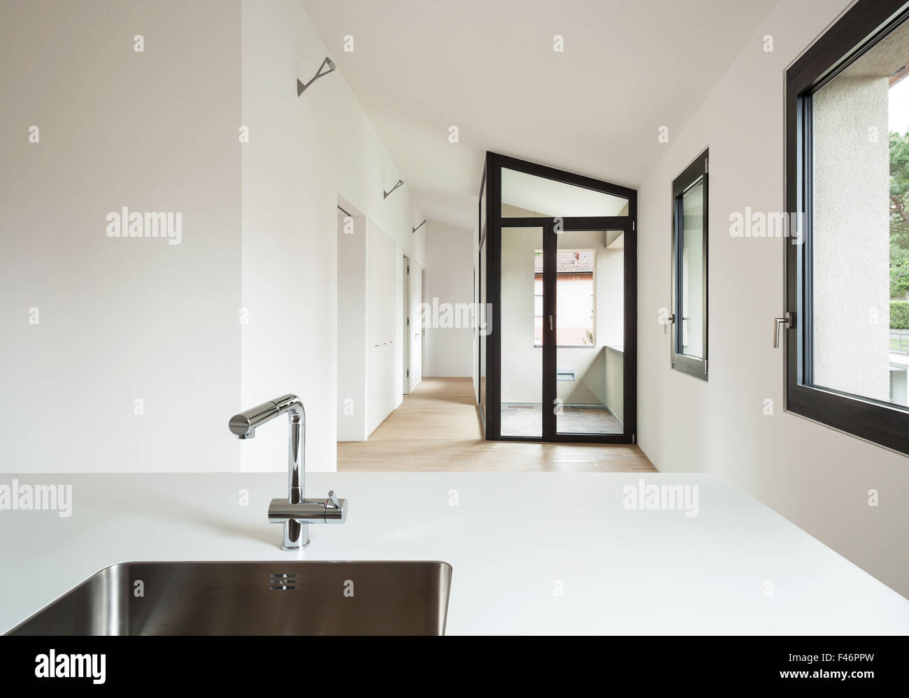 interior new house, modern white kitchen, view room with windows Stock ...