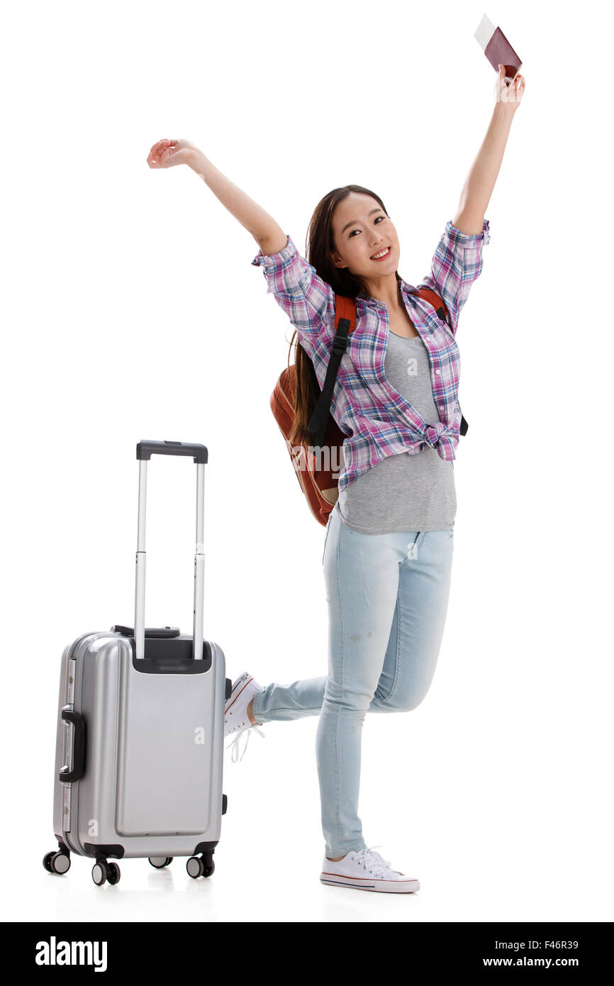 Young woman with suitcase Stock Photo Alamy