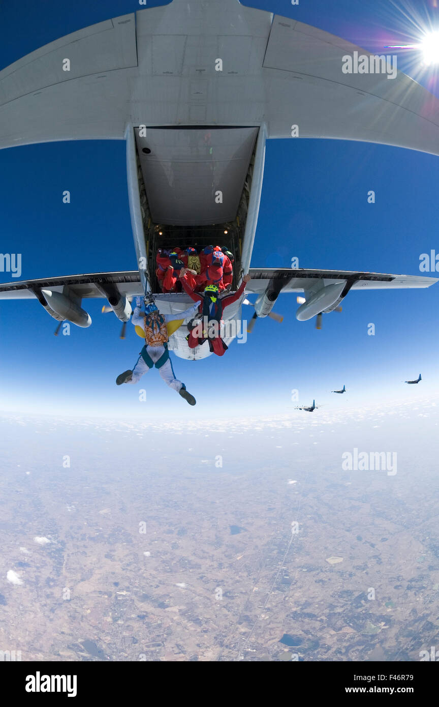 Parachute jumpers trying to make a world record in formation jump Stock