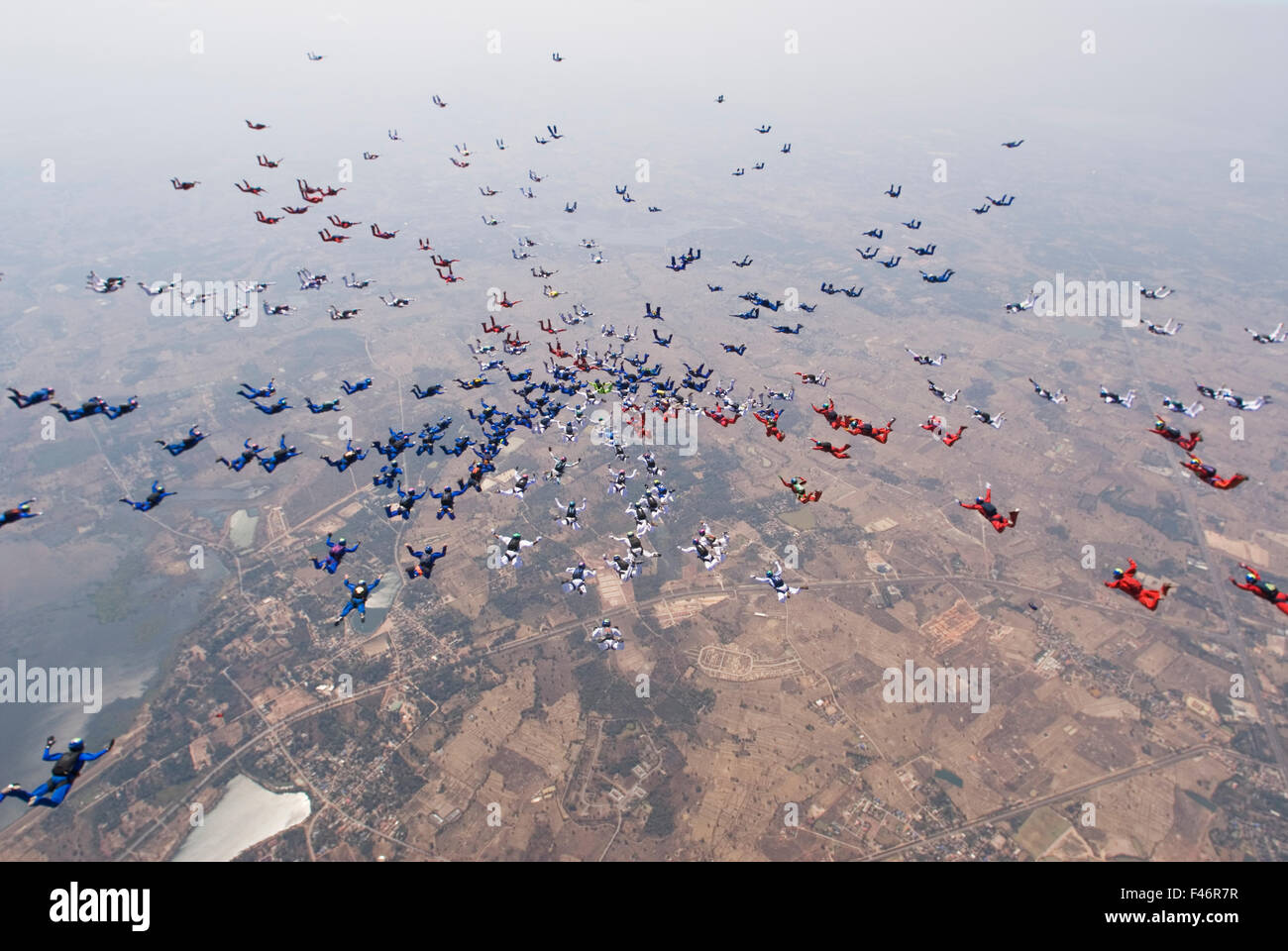 Parachute jumpers trying to make a world record in formation jump. Stock Photo
