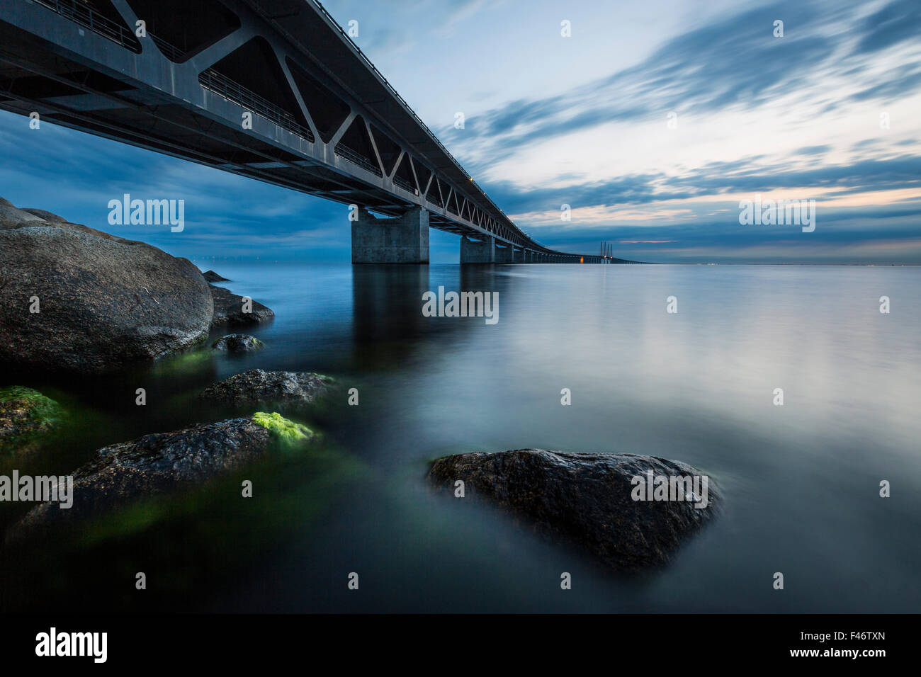 Oresund Bridge, Øresundsbroen, world's longest cable-stayed bridge connecting Copenhagen with Malmö, Denmark, Sweden Stock Photo