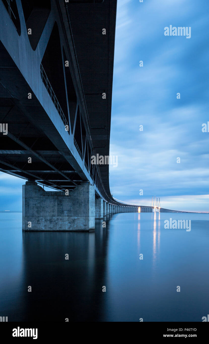 Oresund Bridge, Øresundsbroen, world's longest cable-stayed bridge connecting Copenhagen with Malmö, Denmark, Sweden Stock Photo