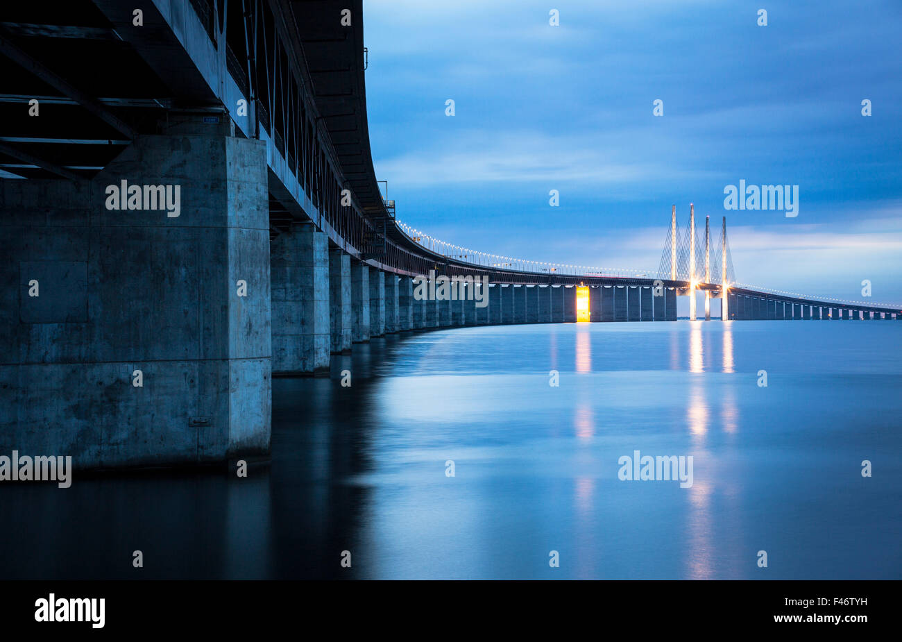 Oresund Bridge, Øresundsbroen, world's longest cable-stayed bridge connecting Copenhagen with Malmö, Denmark, Sweden Stock Photo