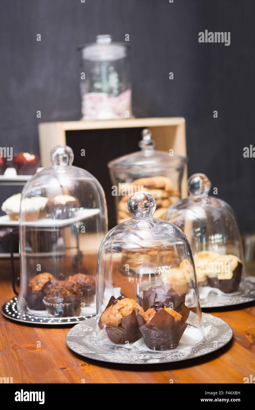 Cakes in display cases Stock Photo Alamy
