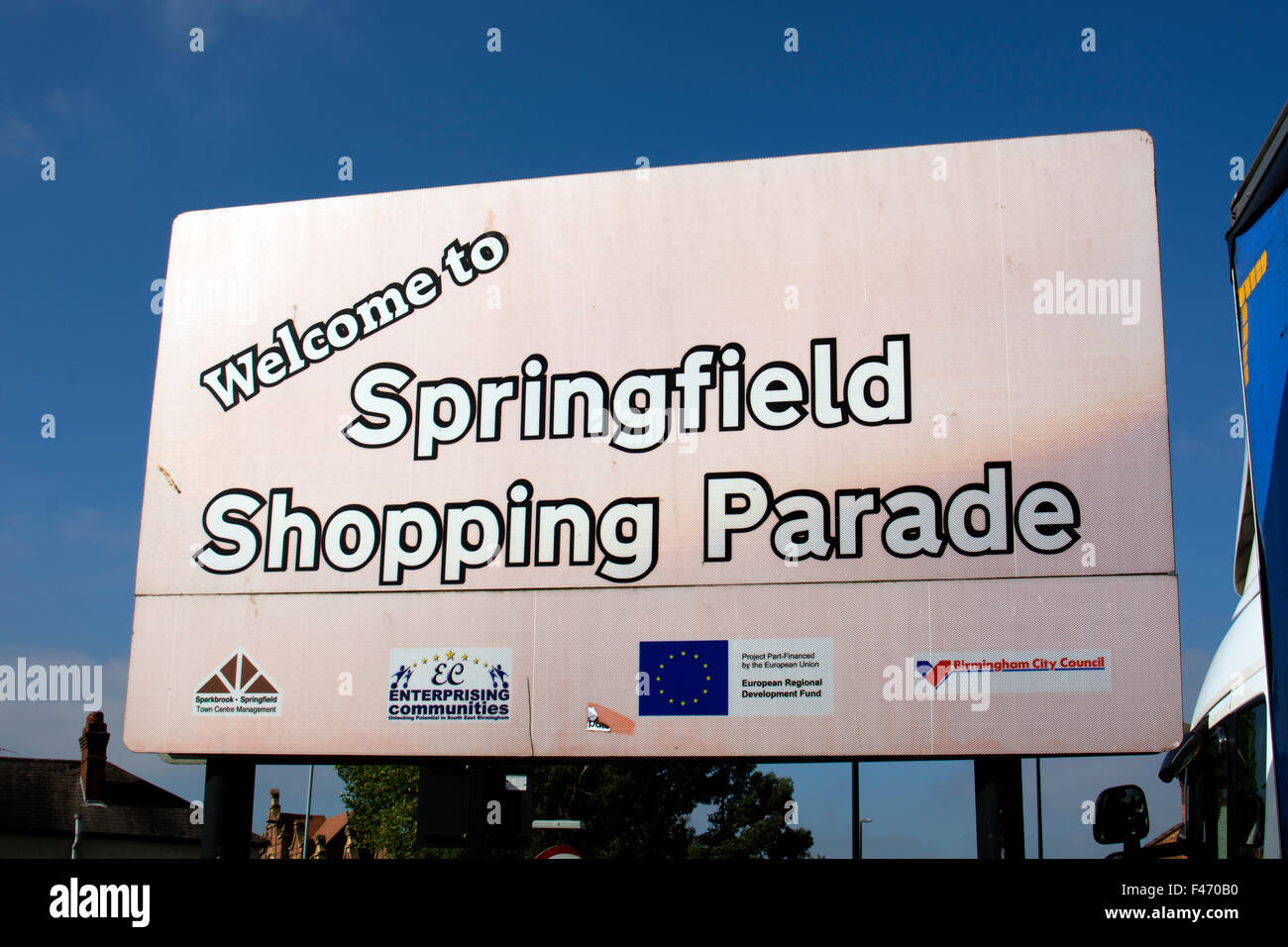 Springfield Shopping Parade sign, Sparkhill, Birmingham, UK Stock Photo