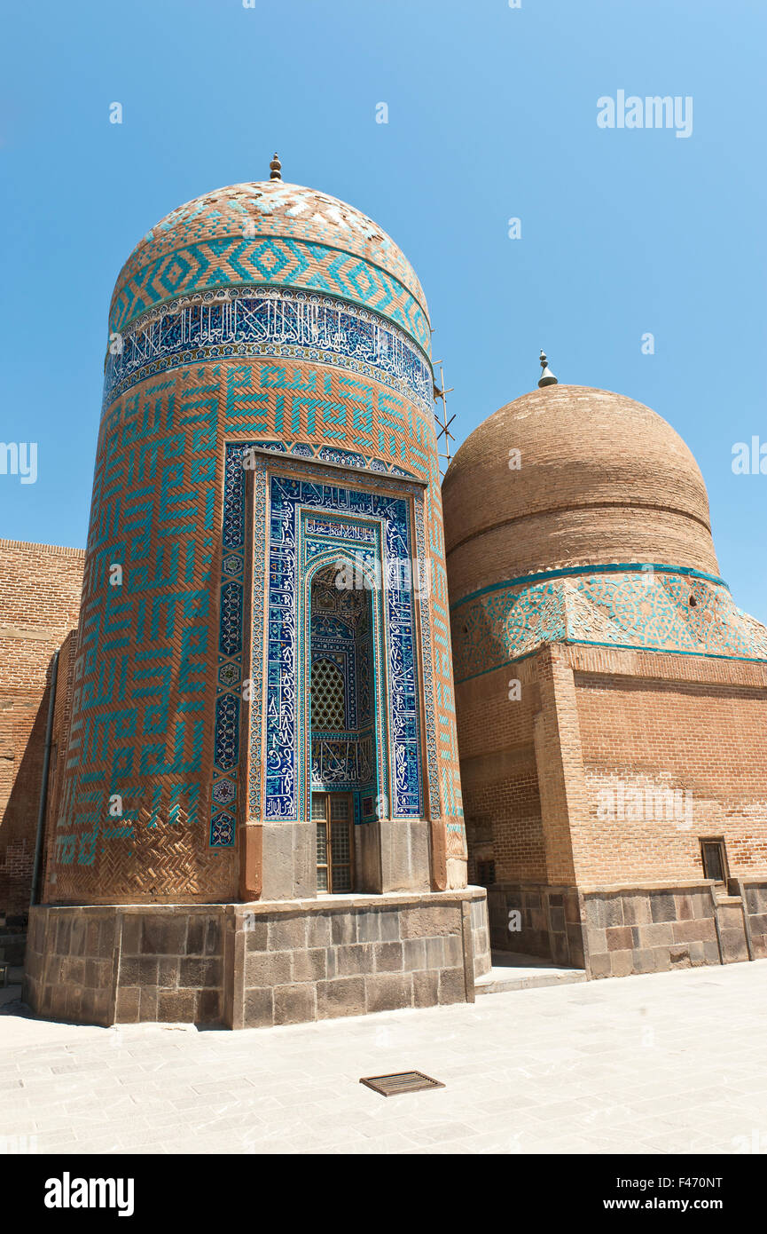 Grave tower, Safi-ad-Din Ardabili Mausoleum, Haram Khaneh living quarters on right, Ardabil, Iran Stock Photo