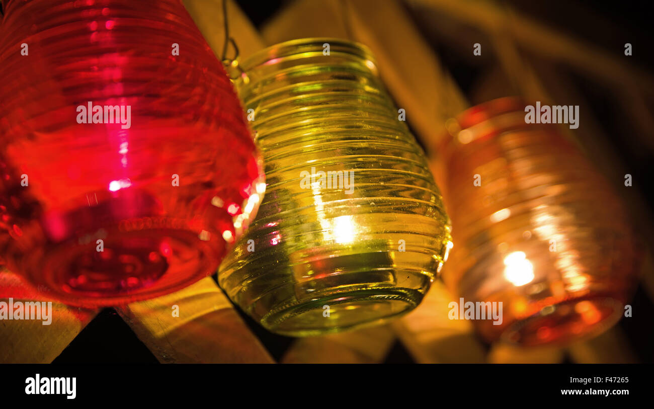 Hanging colorful tea lights Stock Photo Alamy