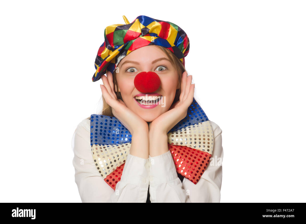 Pretty female clown isolated on white Stock Photo - Alamy