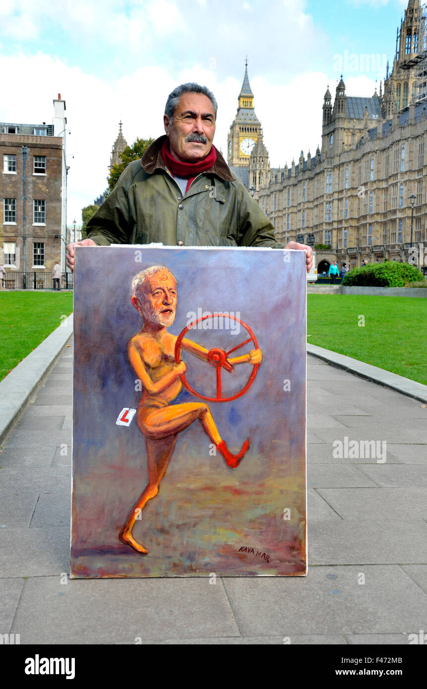 Satirical artist Kaya Mar outside the Houses of Parliament as the new Labour leader Jeremy Corbyn takes part in his second Prime Stock Photo