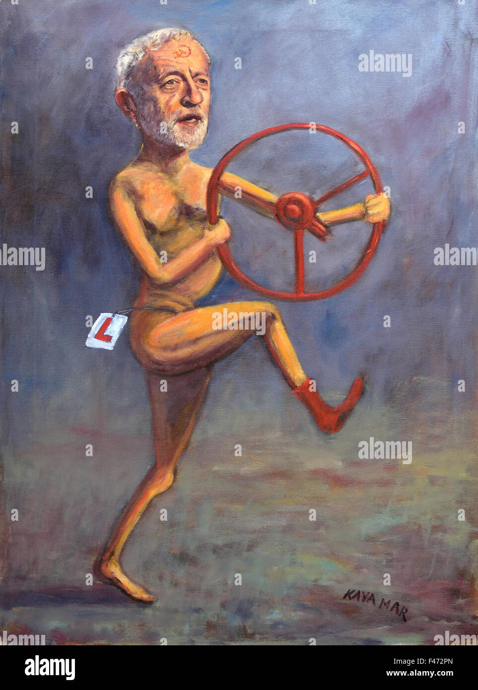 Satirical painting of Jeremy Corbyn as a learner driver by Kaya Mar (KayaMarArt.com: 2015) Stock Photo