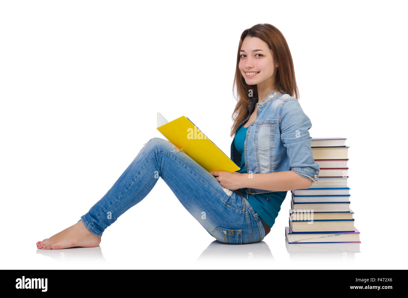 Student girl with books on white Stock Photo - Alamy