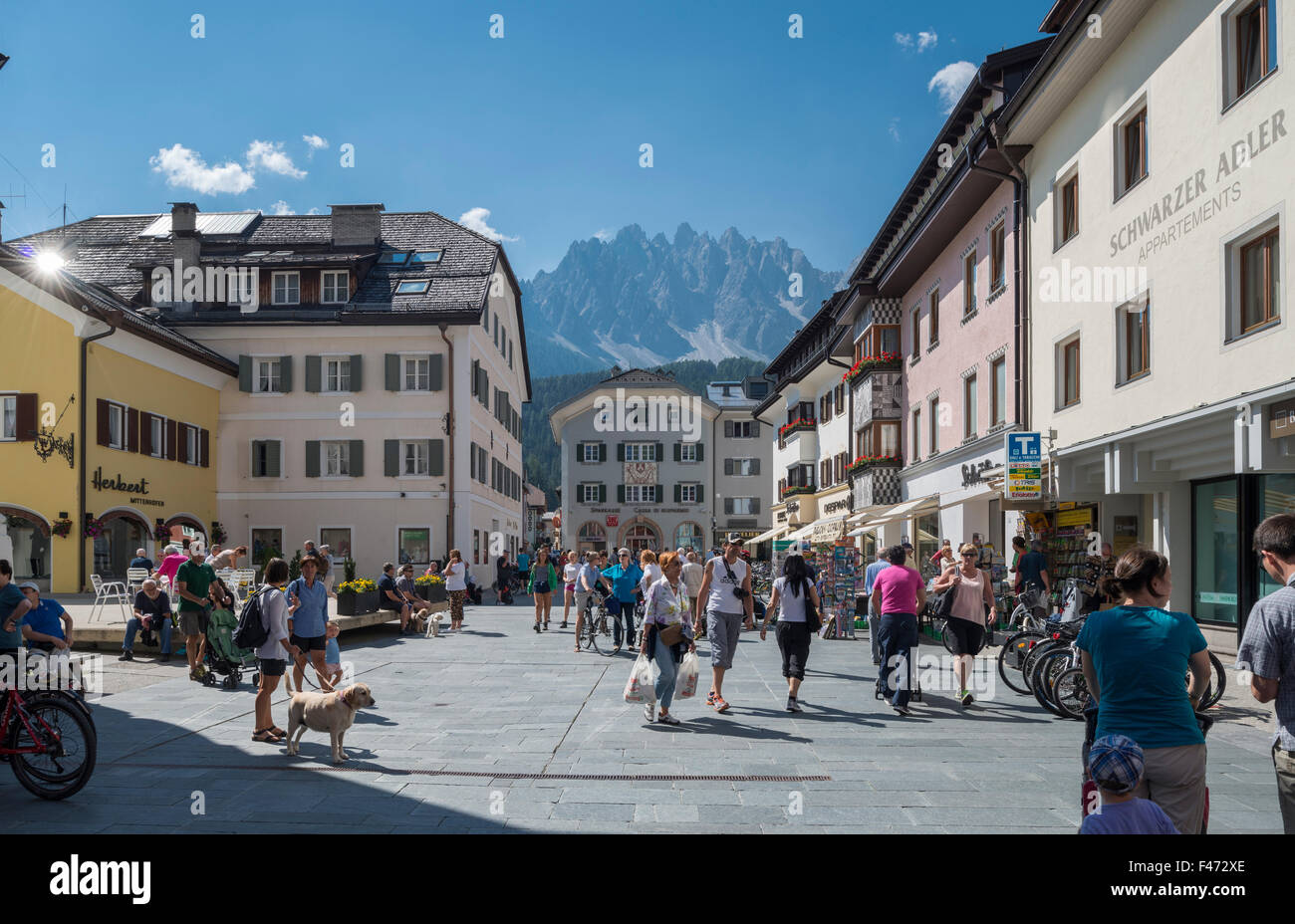 Historic centre, San Candido, Dolomites behind, Province of South Tyrol, Trentino-Alto Adige, Italy Stock Photo