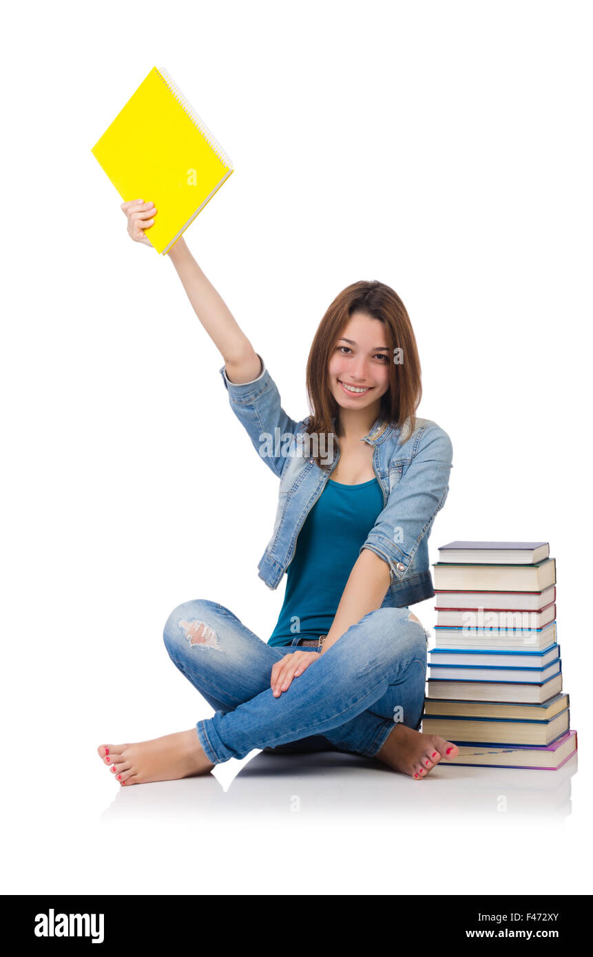 Student girl with books on white Stock Photo - Alamy