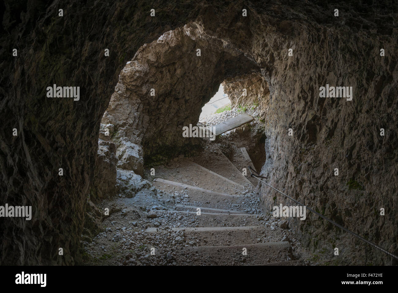Rock tunnel, WWI openair museum, long steep tunnel leading through the