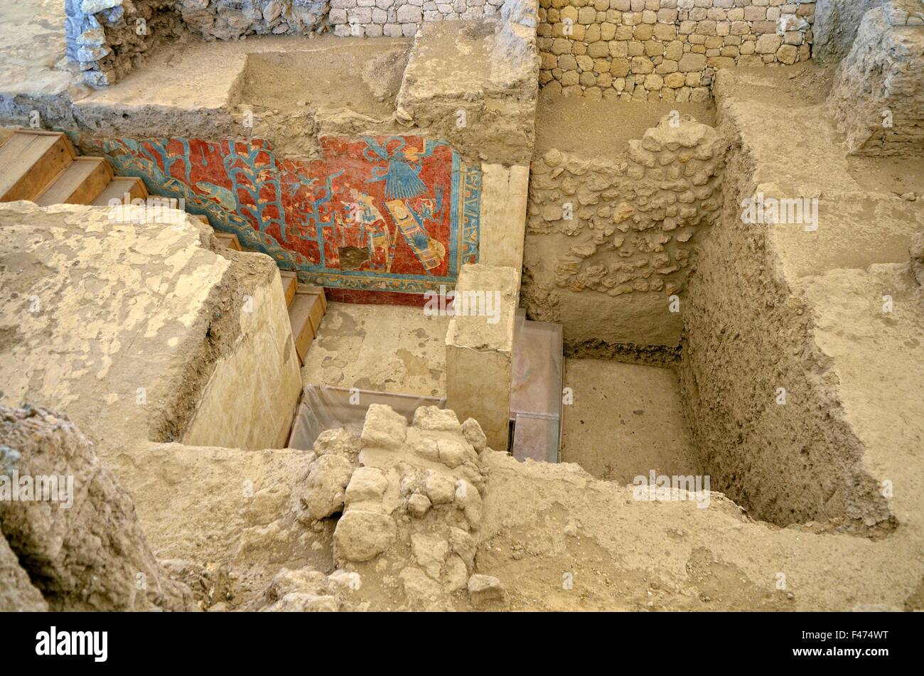 Dug out area with wall paintings, archaeological site in Tlaxcala Cacaxtla, state of Tlaxcala, Mexico Stock Photo