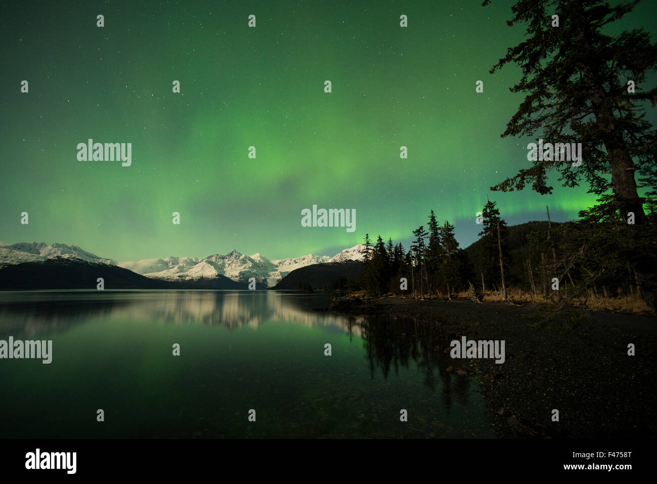 Aurora borealis over Prince William Sound, Alaska, USA Stock Photo