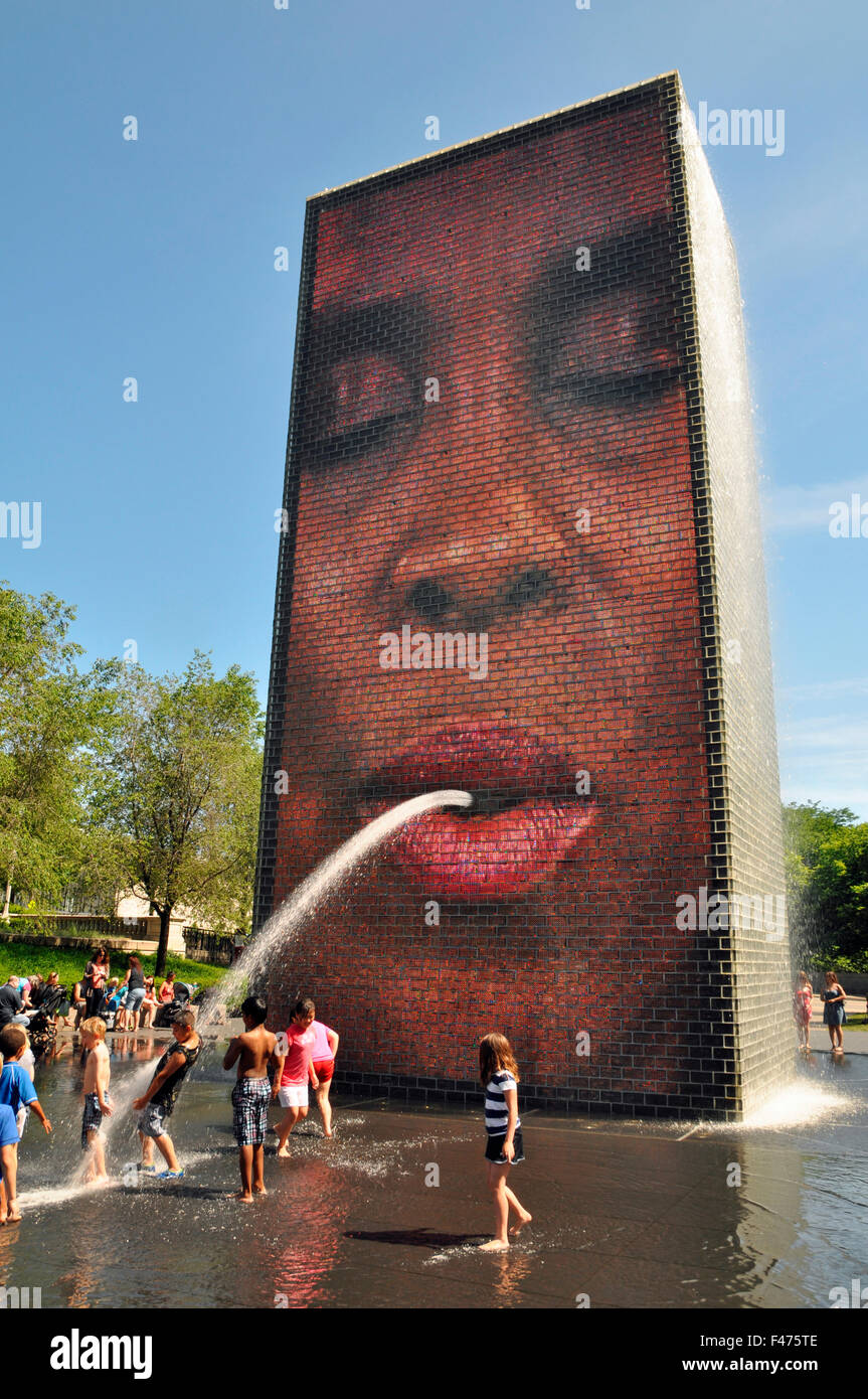 Children at Crown Fountain, Millennium Park, Chicago, Illinois, United States, North America Stock Photo