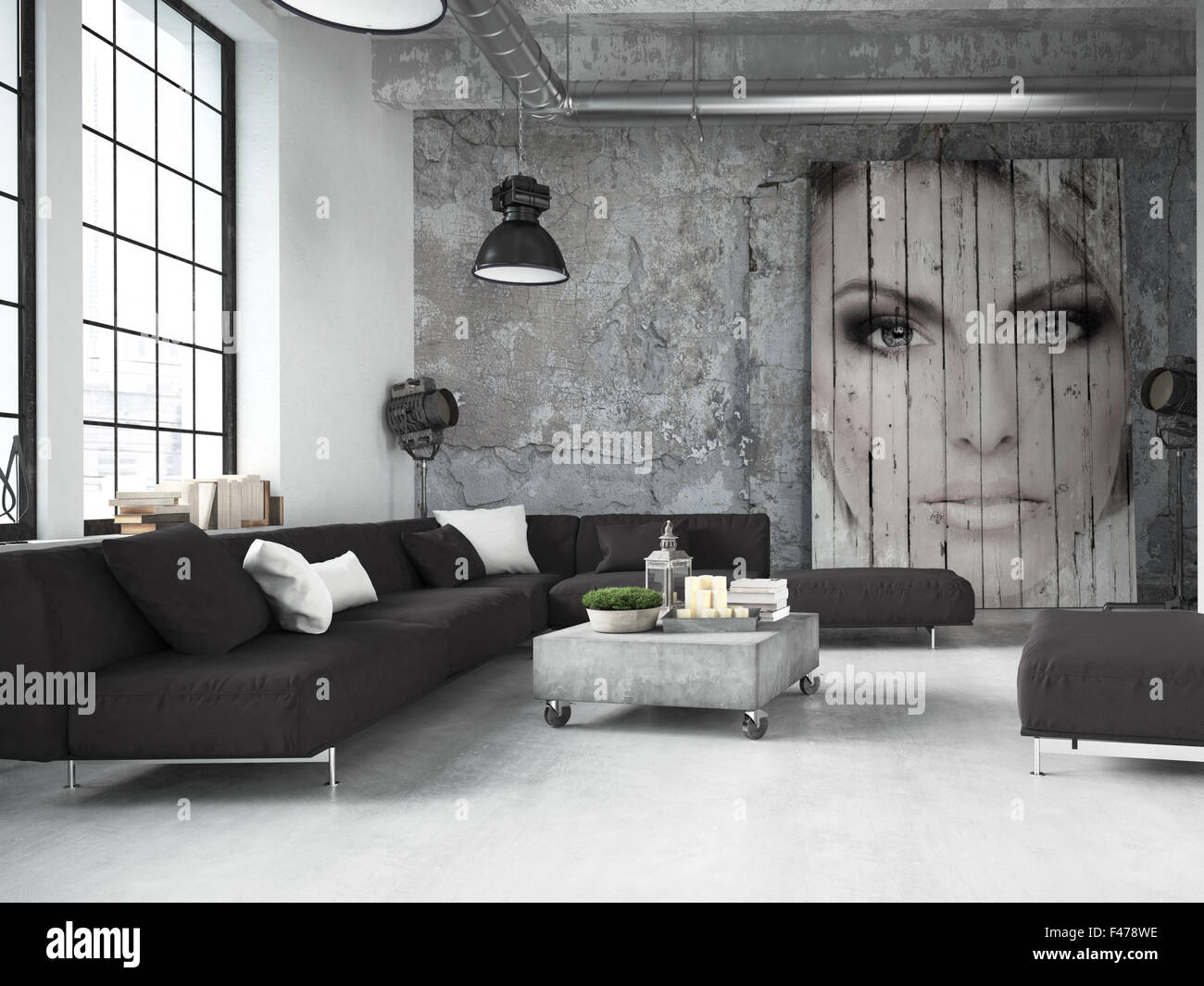 View of living room of a penthouse. 3d rendering Stock Photo - Alamy
