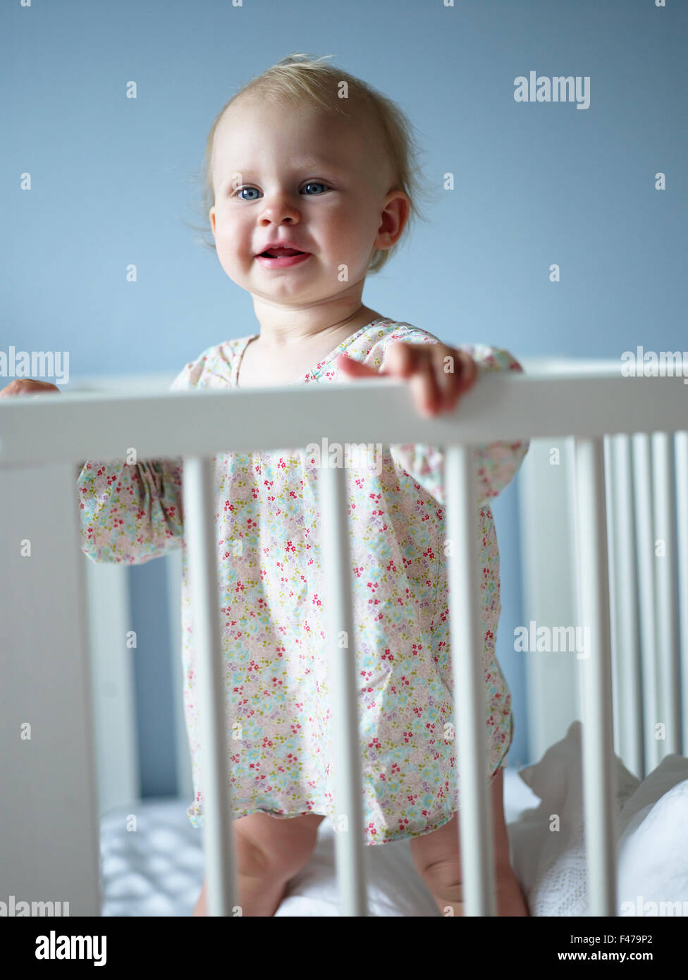 Baby standing in a cot, Sweden Stock Photo Alamy