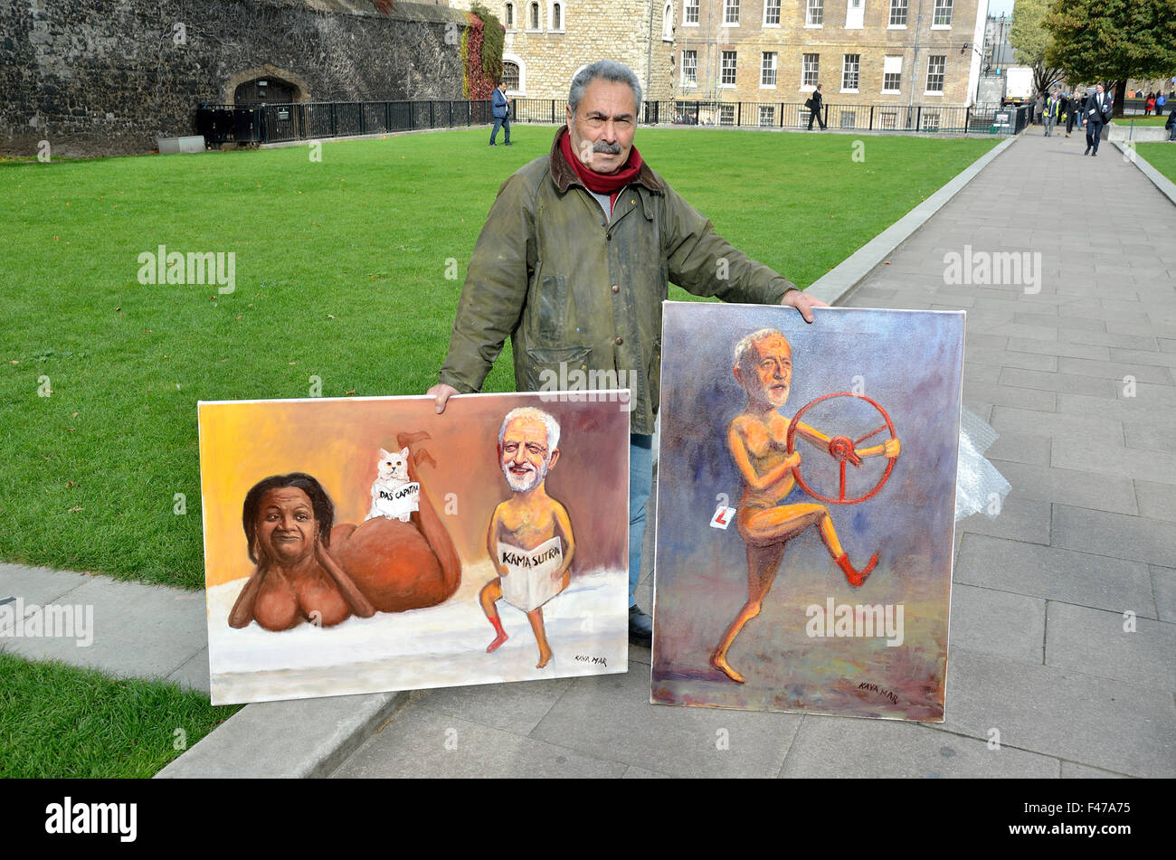 Satirical artist Kaya Mar outside the Houses of Parliament with caricatures of Jeremy Corbyn and Diane Abbott Stock Photo