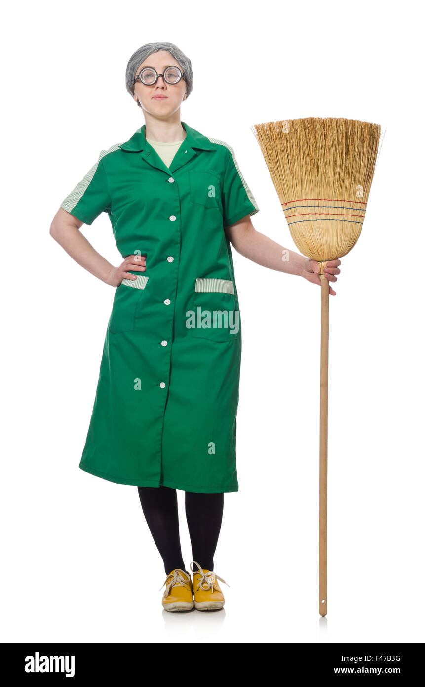 Woman with sweeping brush isolated on white Stock Photo Alamy