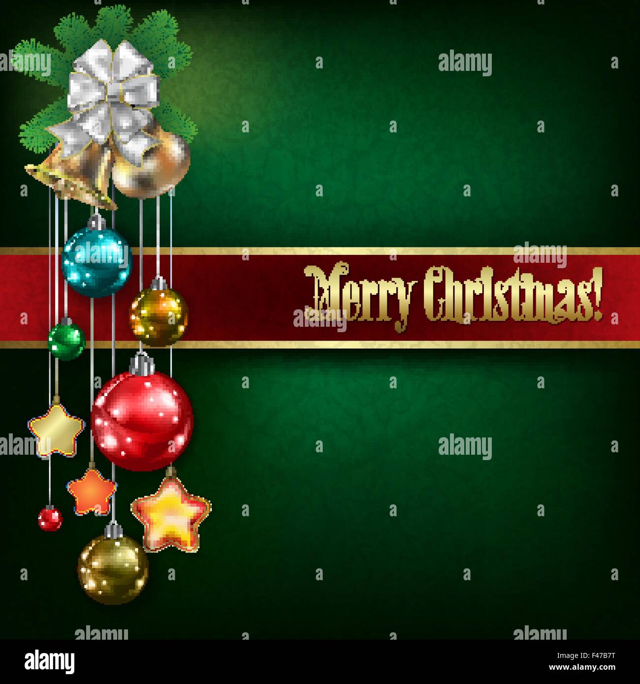 Abstract green grunge background with Christmas bells and decorations
