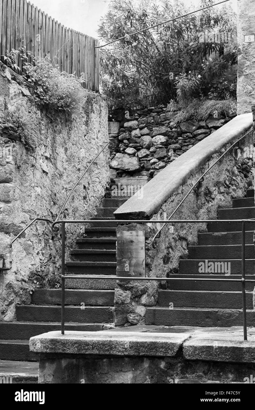 architectural view of old stairs in the Centre of the city of Merano; monochrome Stock Photo