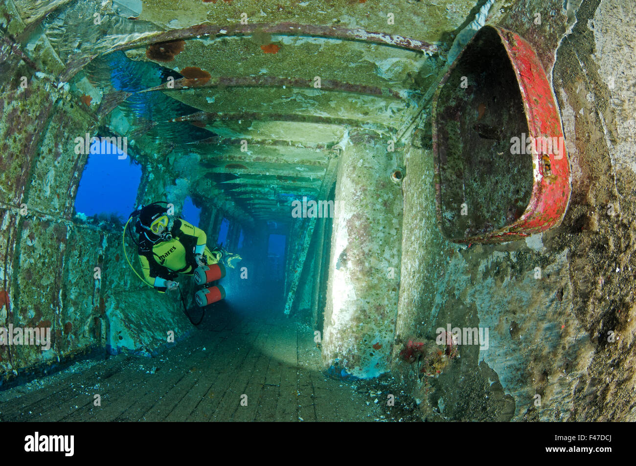 Shipwreck MV Karwela, Wreck and scuba diver, Gozo, Malta, South Europe, Mediterranean Sea Stock Photo