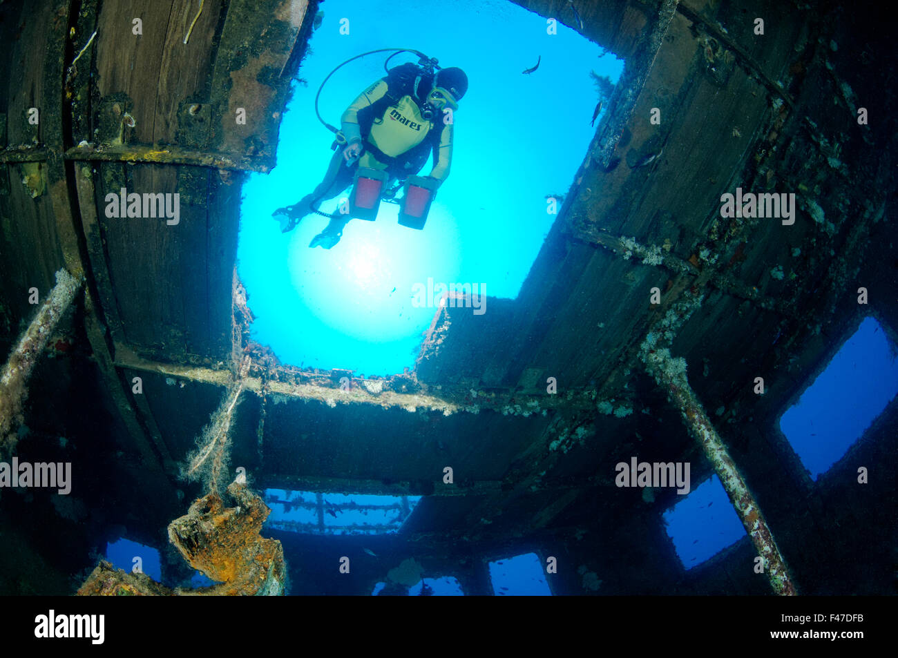 Shipwreck MV Karwela, Wreck and scuba diver, Gozo, Malta, South Europe, Mediterranean Sea Stock Photo