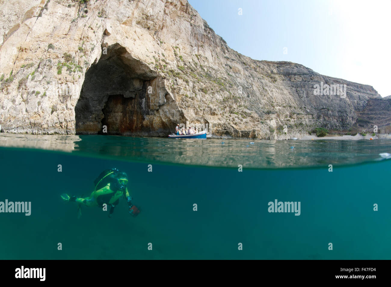 Inland Sea and scuba diver, Gozo, Malta, South Europe, Mediterranean Sea Stock Photo