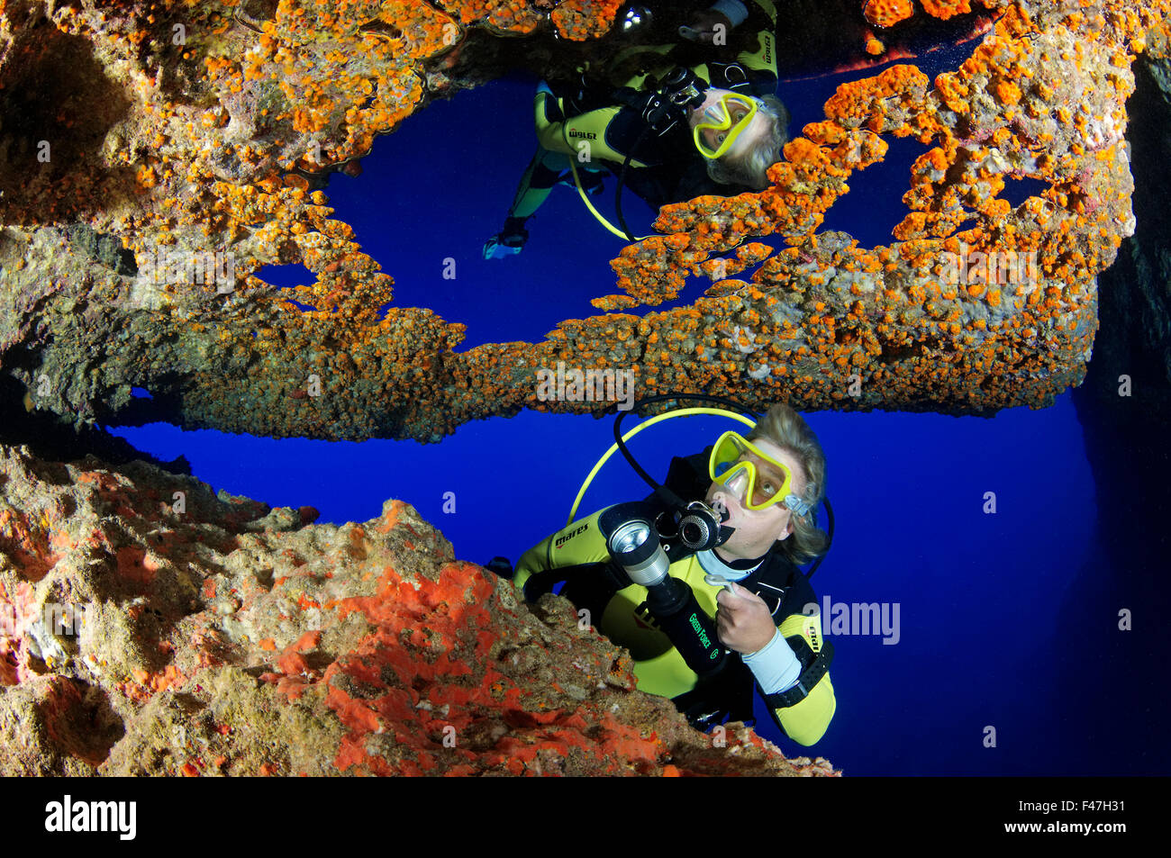Blue Hole and scuba diver, Gozo, Malta, South Europe, Mediterranean Sea Stock Photo