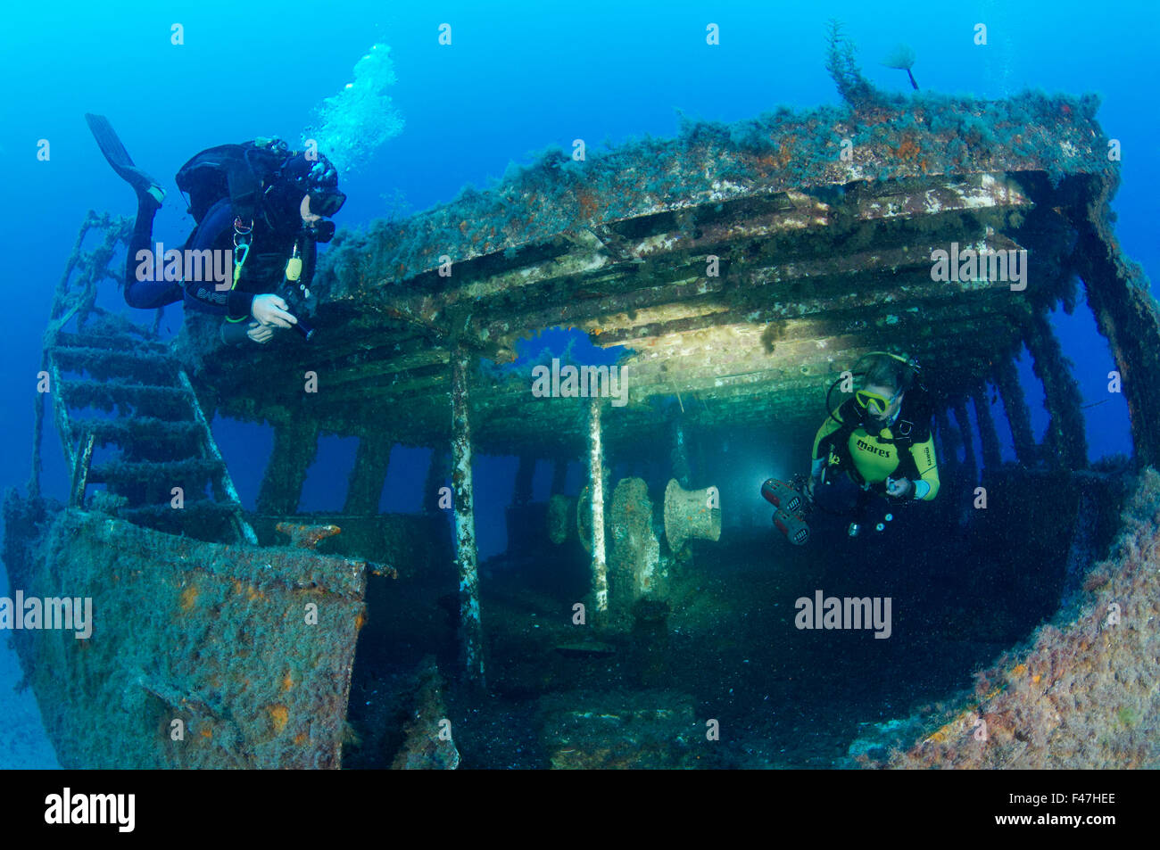 Shipwreck MV Cominoland and scuba diver, Xwejni-Bay, Gozo, Malta, South ...