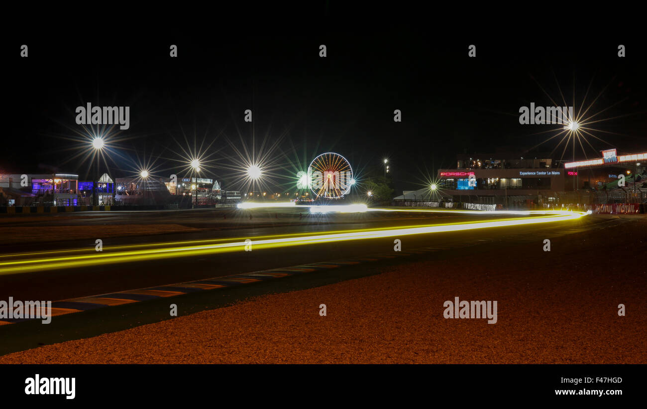 Light tracks during the 24 hours race of Le Mans Stock Photo